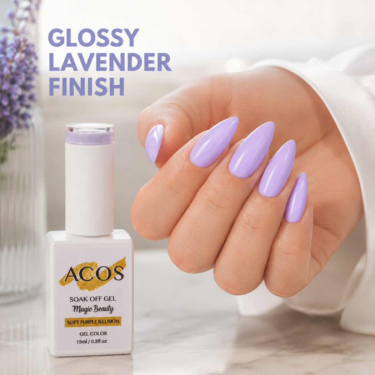 Glossy lavender manicure result using ACOS Magic Beauty Soft Purple Illusion shade 135