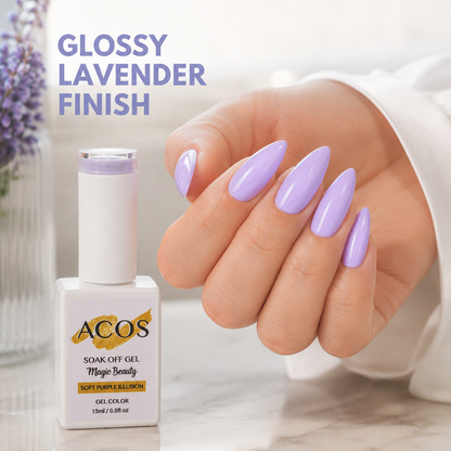 Glossy lavender manicure result using ACOS Magic Beauty Soft Purple Illusion shade 135