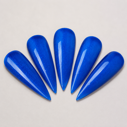 Five nail tips showing the glossy blue sparkle result of ACOS shade 100
