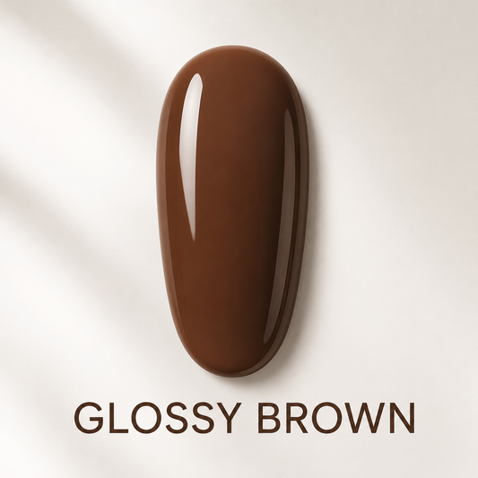 Glossy brown gel polish swatch with GLOSSY BROWN shade text