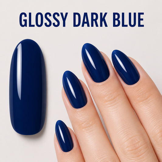 Glossy Dark Blue 095 gel polish swatch and glossy nail finish.
