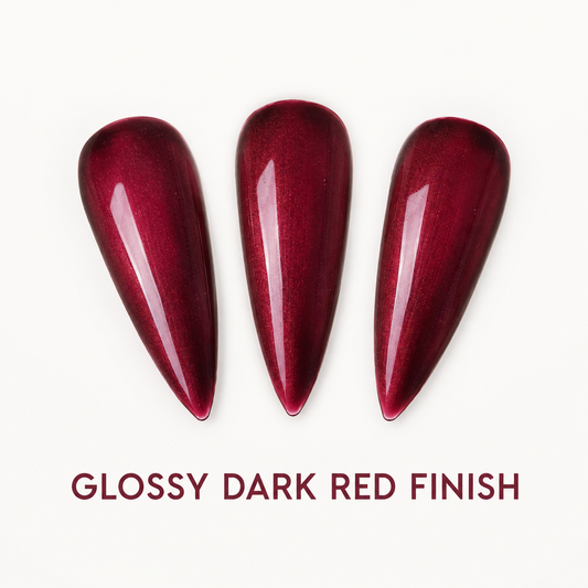 Glossy Dark Red 093 gel polish swatches with glossy finish benefit text