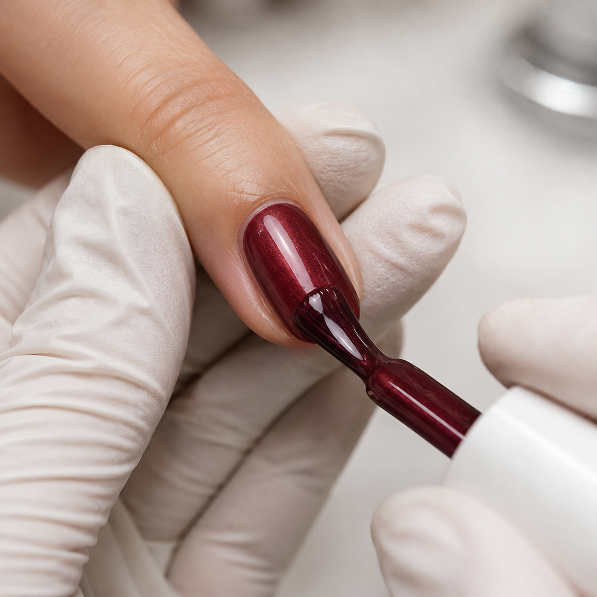 Professional application of ACOS Glossy Dark Red 093 gel polish