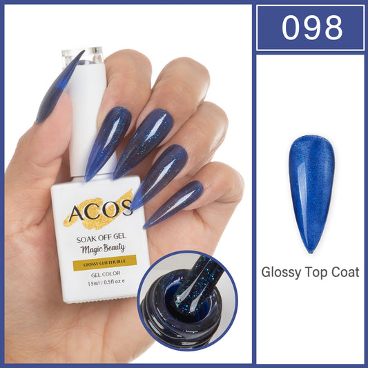 ACOS Magic Beauty Glossy Glitter Blue 098 gel colour 15ml bottle and shade swatch