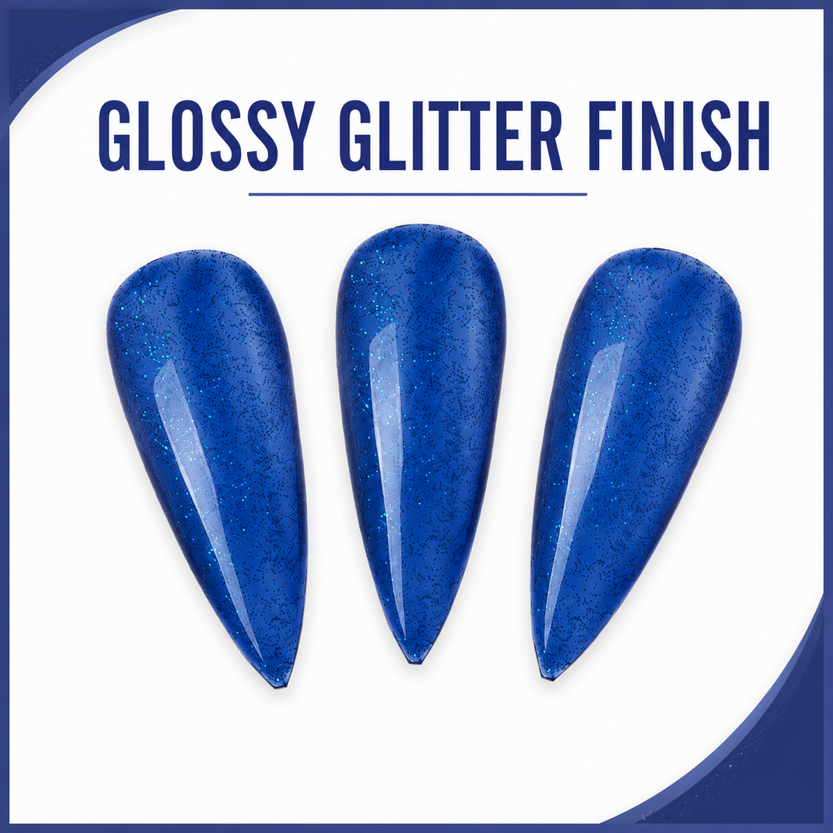 ACOS Gel098 glossy glitter-blue swatches with Glossy Glitter Finish benefit text