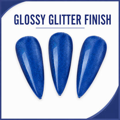 ACOS Gel098 glossy glitter-blue swatches with Glossy Glitter Finish benefit text