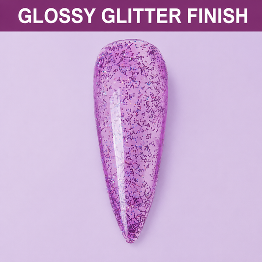 ACOS shade 096 glossy glitter purple finish on an artificial nail swatch