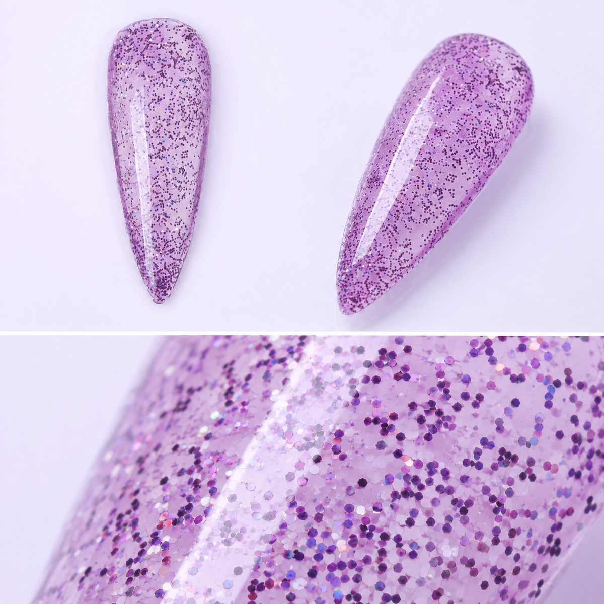 ACOS shade 096 glossy glitter purple nail tips with close-up glitter detail