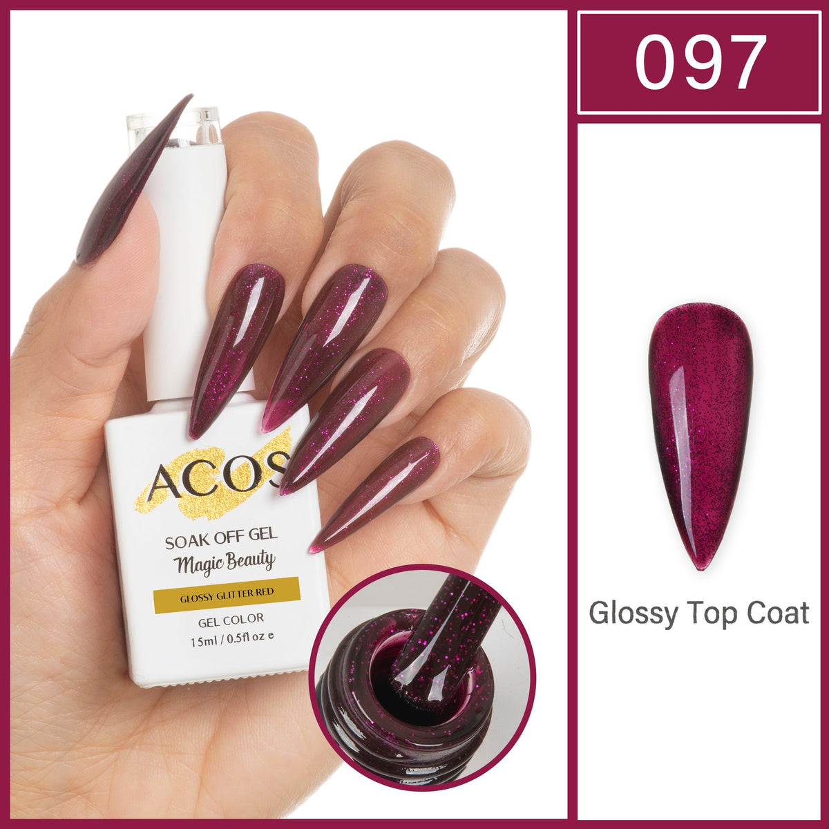 ACOS Magic Beauty Glossy Glitter Red 097 Gel Polish 15ml bottle