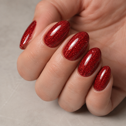 Finished manicure in ACOS Glossy Glitter Red 097 gel polish