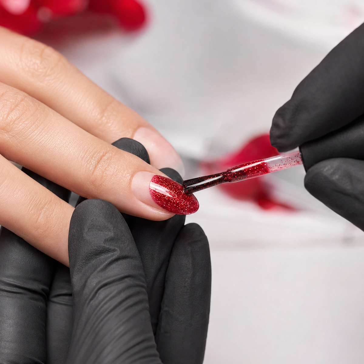 Professional applying ACOS Glossy Glitter Red 097 gel polish