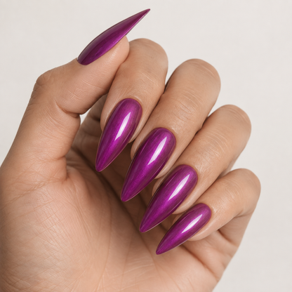 Glossy ACOS Purple 094 pearl-shimmer manicure result on five nails