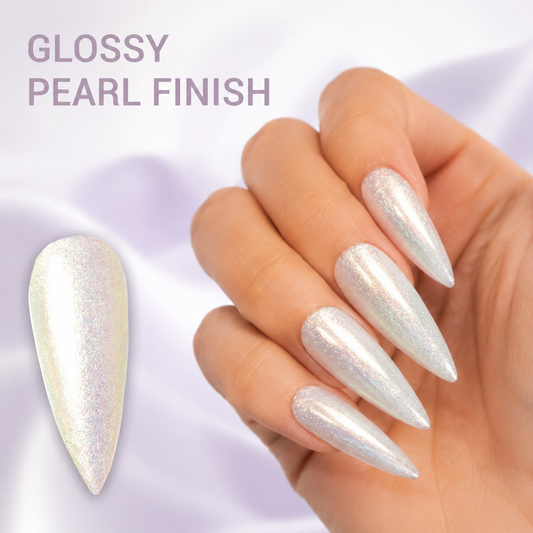 ACOS Jewelry #2 042 gel polish with glossy pale pearl finish on almond nails