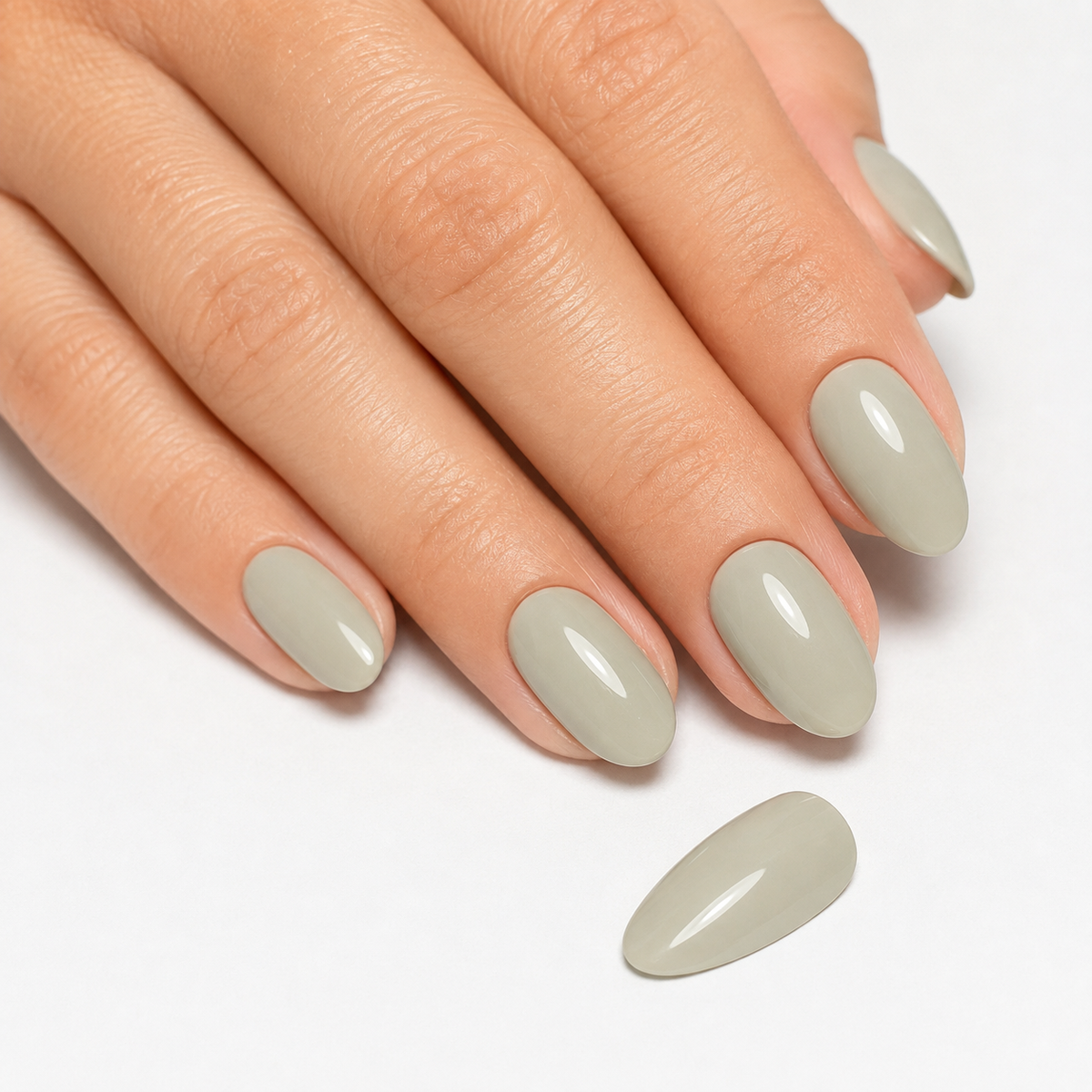 ACOS Gel069 glossy light green-grey manicure with matching nail swatch detail