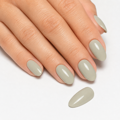 ACOS Gel069 glossy light green-grey manicure with matching nail swatch detail