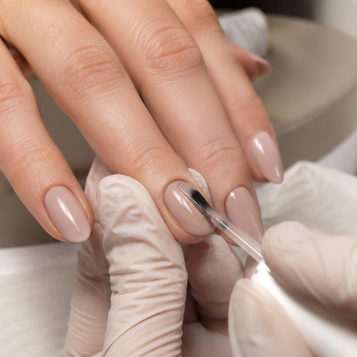 Professional application of ACOS MICA 014 gel shade on an adult fingernail