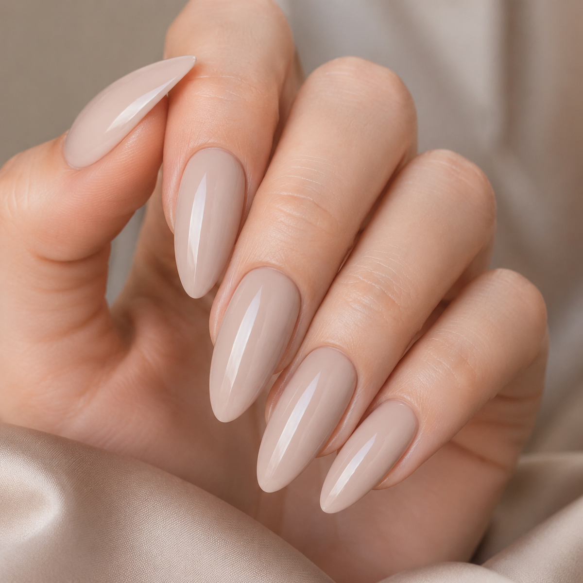 Finished almond manicure in ACOS MICA 014 muted nude pink-beige shade