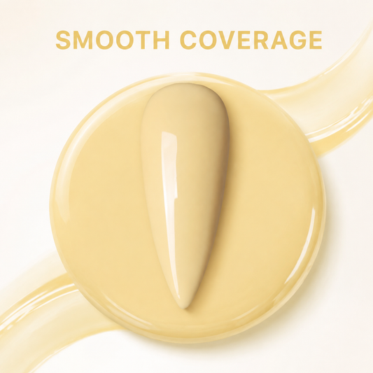 ACOS Milky Yellow 043 gel polish swatch with smooth coverage graphic