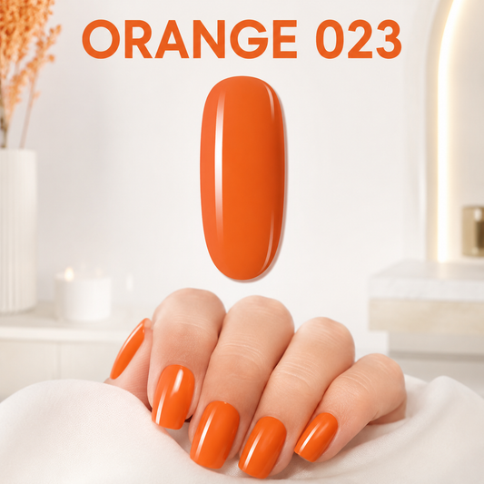 Orange 023 gel polish swatch and glossy manicure colour reference