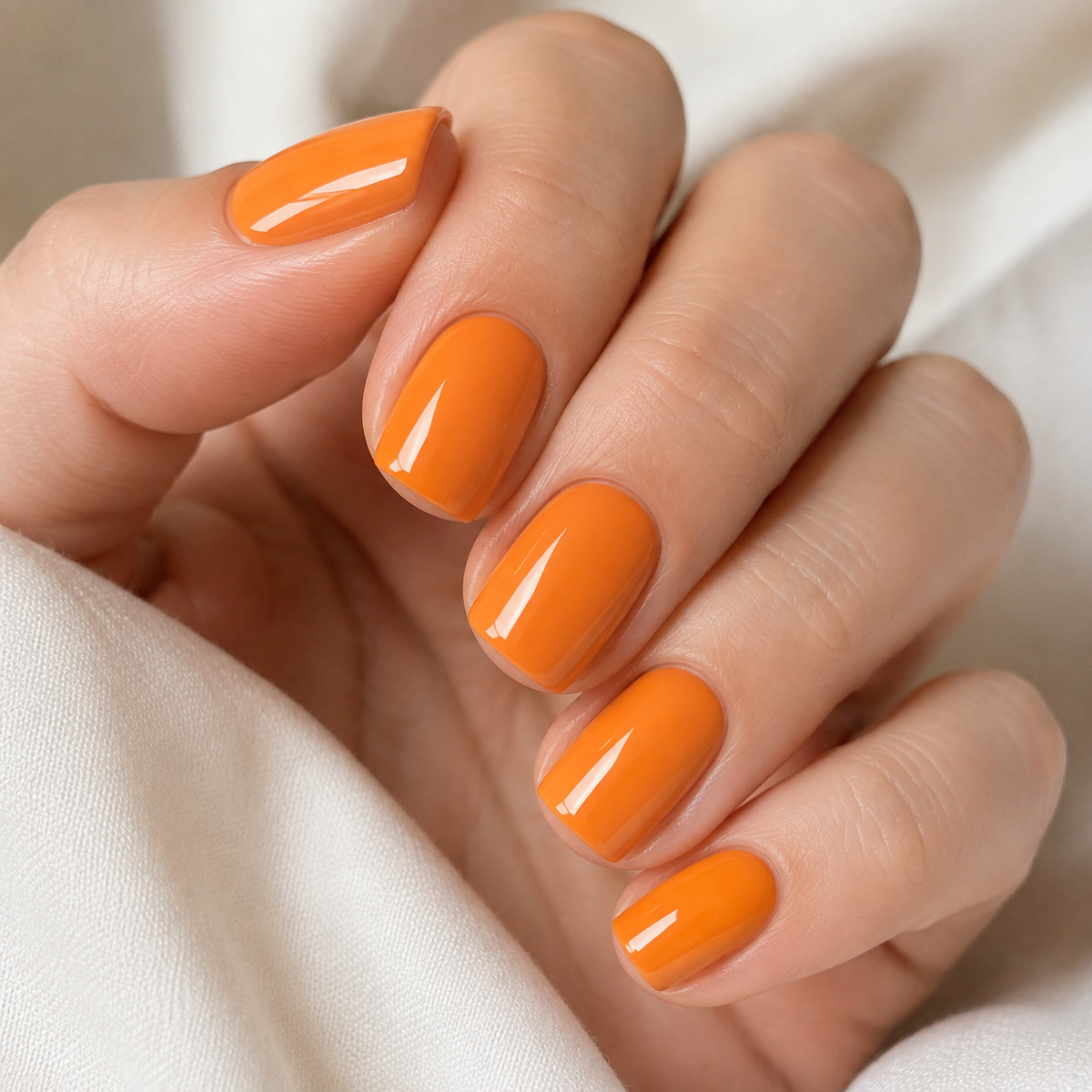 Finished glossy Orange 023 gel manicure close-up