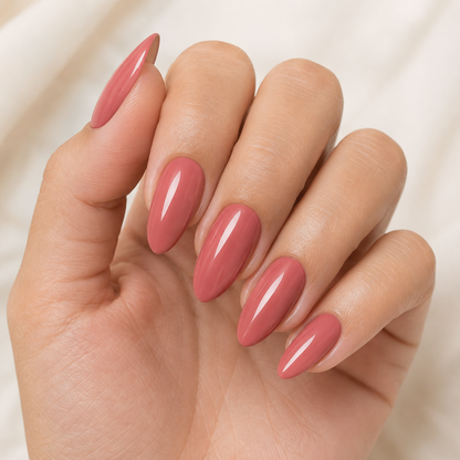 Finished glossy ACOS Peach Red 054 almond-shaped manicure