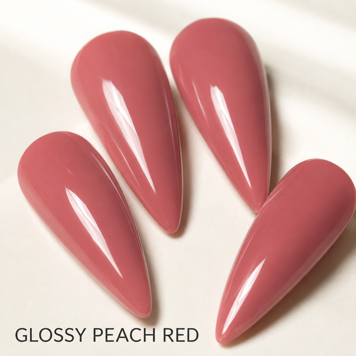 ACOS Peach Red 054 gel polish on a glossy artificial nail tip