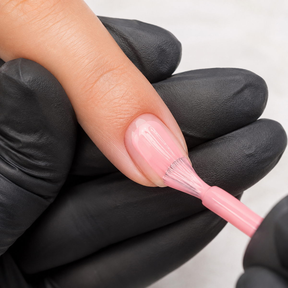 Professional applying Pink 004 gel polish to a prepared fingernail