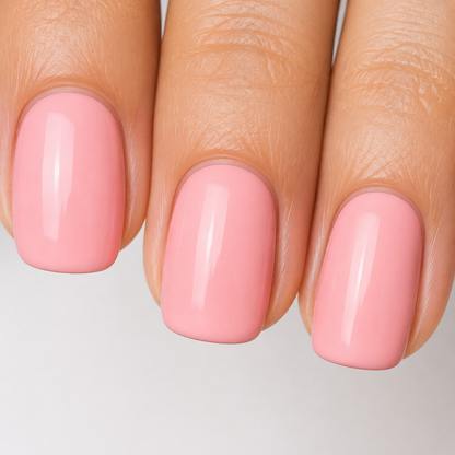 Finished manicure detail in glossy Pink 004 gel polish