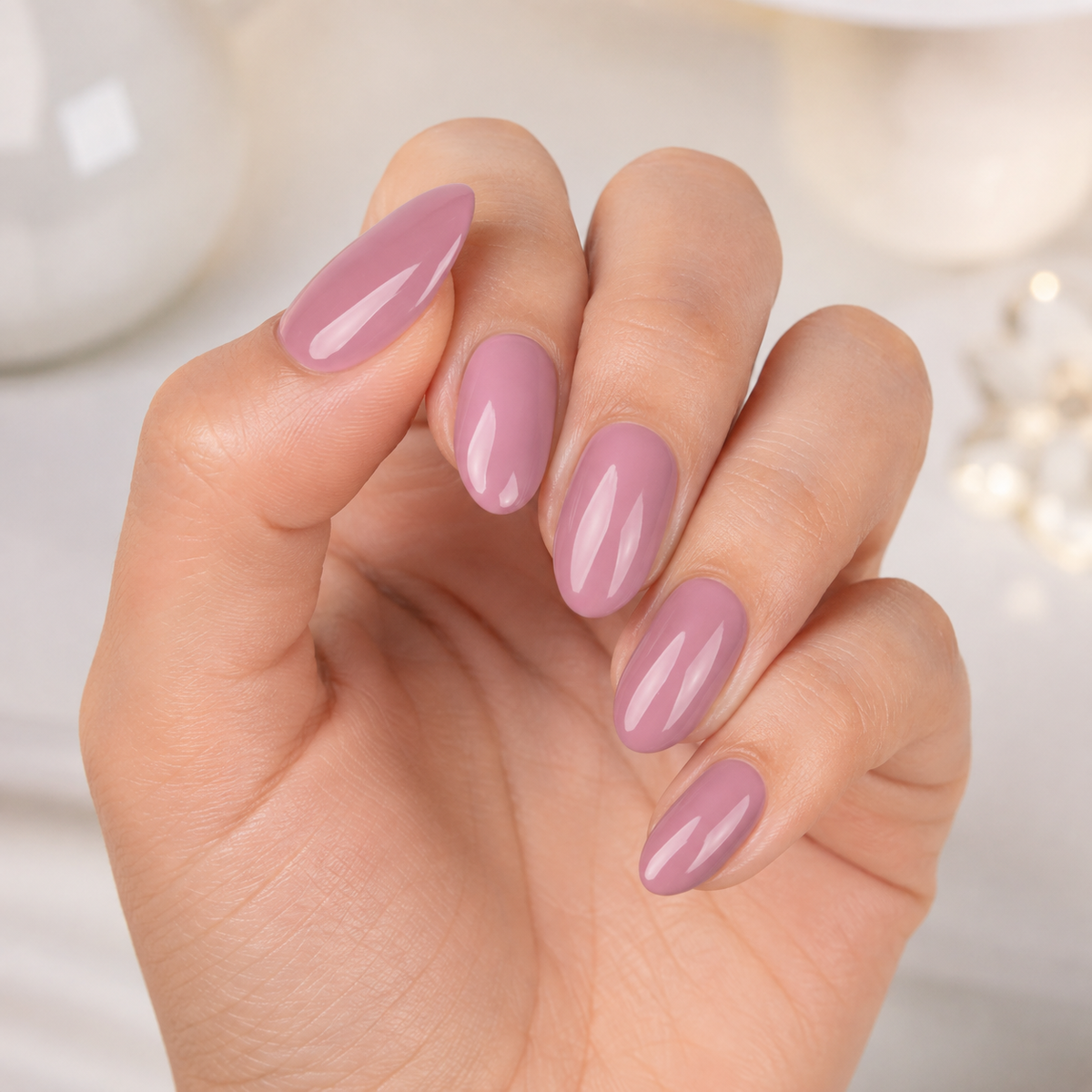 Finished glossy manicure in ACOS Purple Violet 006 muted mauve-purple shade