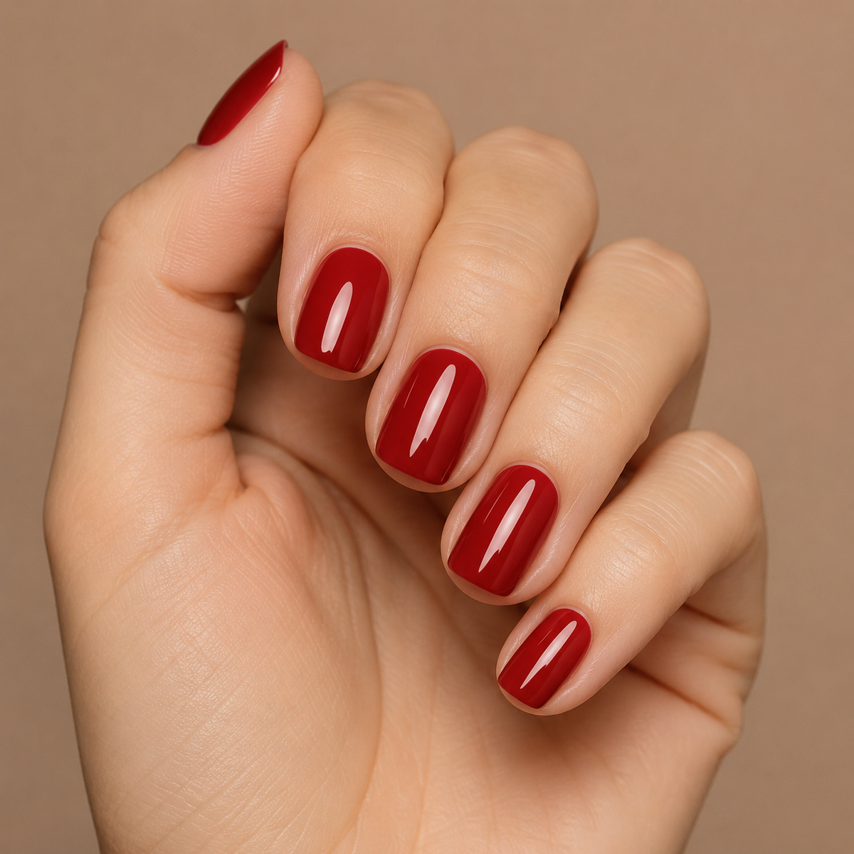 Finished glossy manicure in ACOS Red 026 gel polish