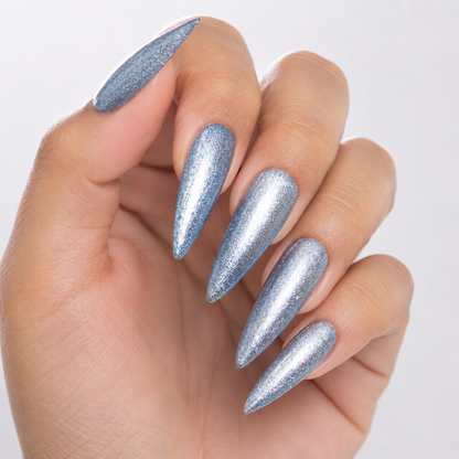 Finished manicure in ACOS Slim Star 086 blue-silver shimmer gel polish