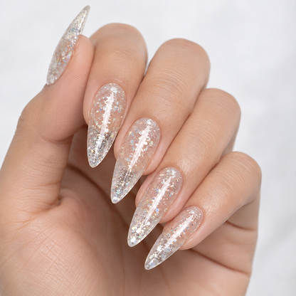 Finished almond nails with ACOS 084 transparent silver holographic glitter