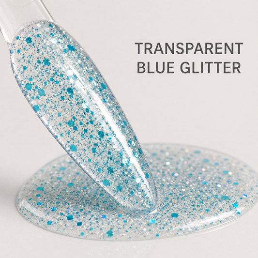 ACOS Transparent Glitter Blue 079 swatch with transparent blue-glitter benefit text