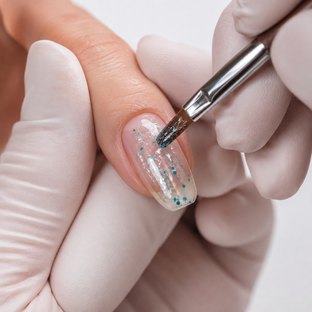 Professional applying ACOS Transparent Glitter Blue 079 gel polish to a prepared nail