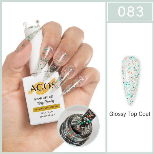 ACOS Magic Beauty Transparent Glitter Mix 083 gel colour 15ml bottle and shade swatch