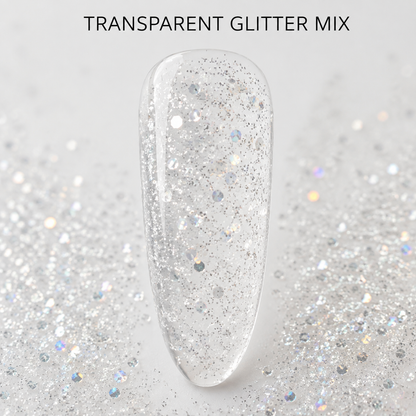 ACOS 083 transparent glitter mix benefit graphic with clear reflective nail swatch