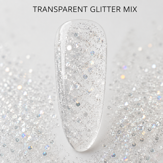ACOS 083 transparent glitter mix benefit graphic with clear reflective nail swatch