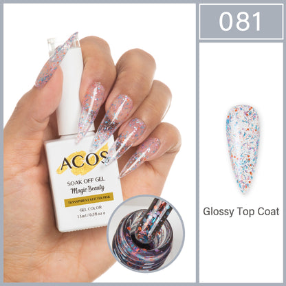 ACOS Magic Beauty Transparent Glitter Pink 081 gel colour 15ml bottle and shade swatch