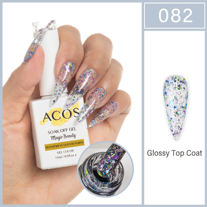 ACOS Magic Beauty Transparent Glitter Purple 082 gel colour 15ml bottle and shade swatch