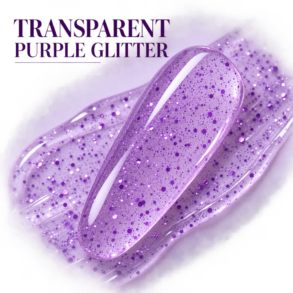 ACOS 082 Transparent Glitter Purple gel swatch with transparent purple-glitter benefit text