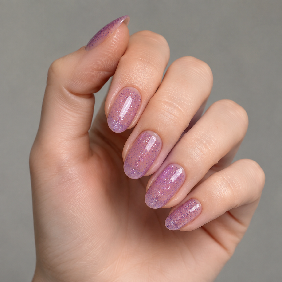 Finished manicure in ACOS 082 sheer transparent purple gel with fine purple glitter