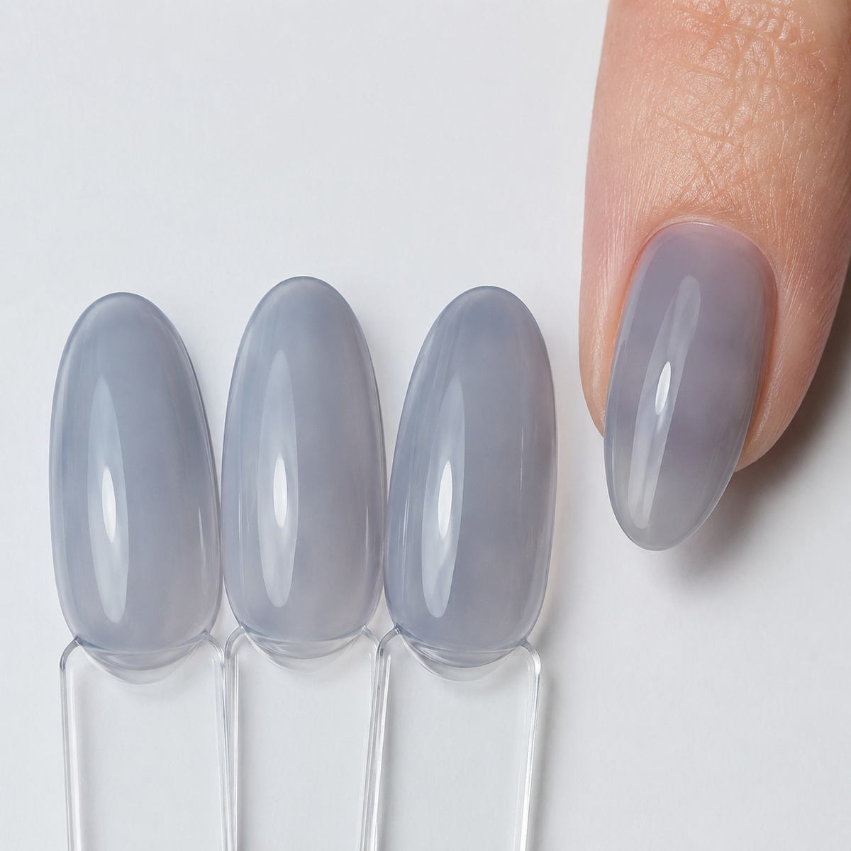 ACOS 077 transparent grey-blue glossy swatches and manicure detail