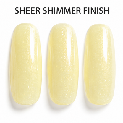 ACOS Gel089 sheer yellow shimmer swatches with Sheer Shimmer Finish benefit text