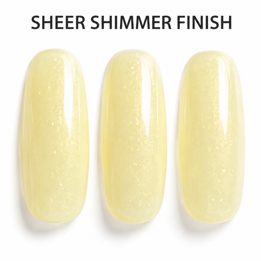 ACOS Gel089 sheer yellow shimmer swatches with Sheer Shimmer Finish benefit text