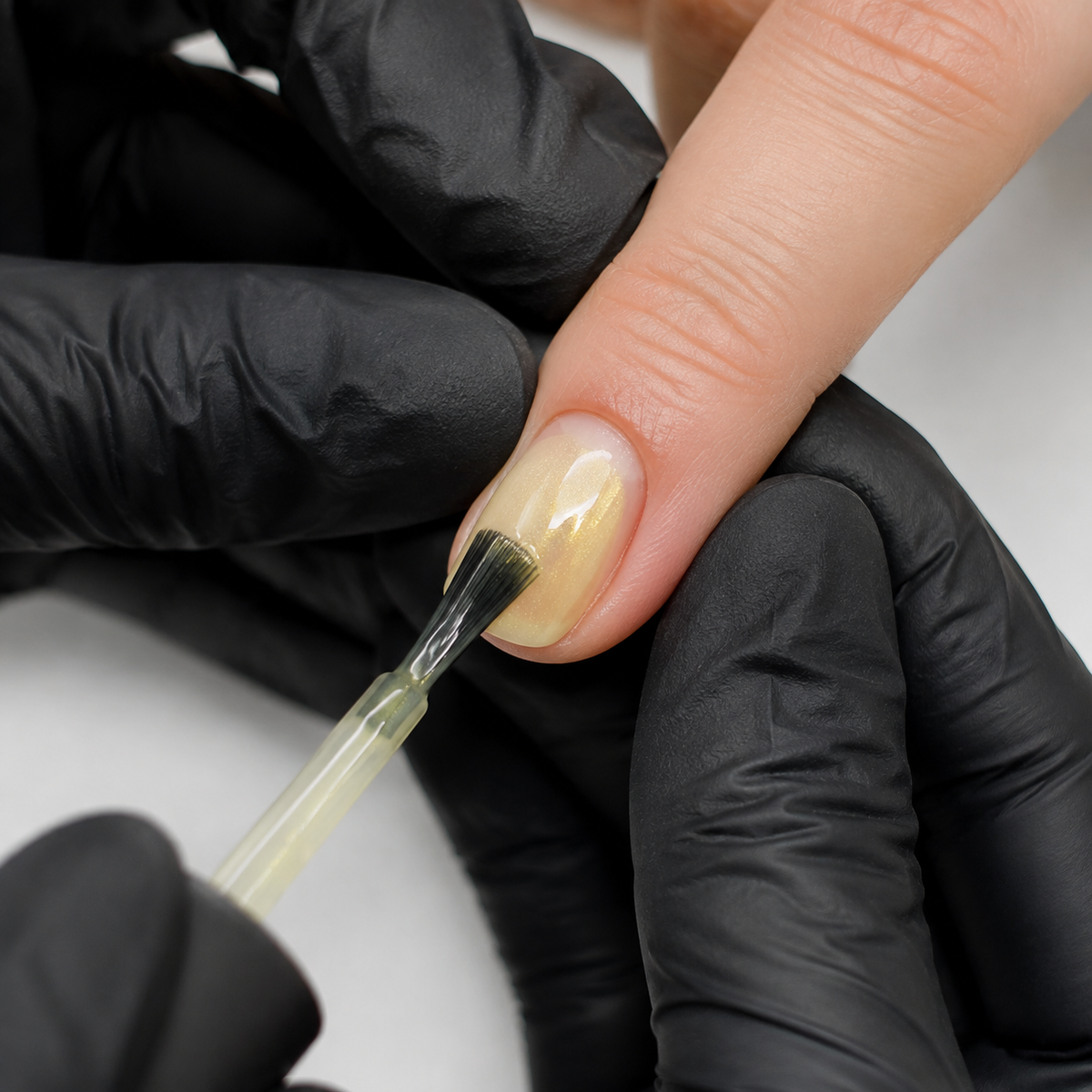 Professional application of ACOS Gel089 sheer transparent-yellow shimmer gel colour