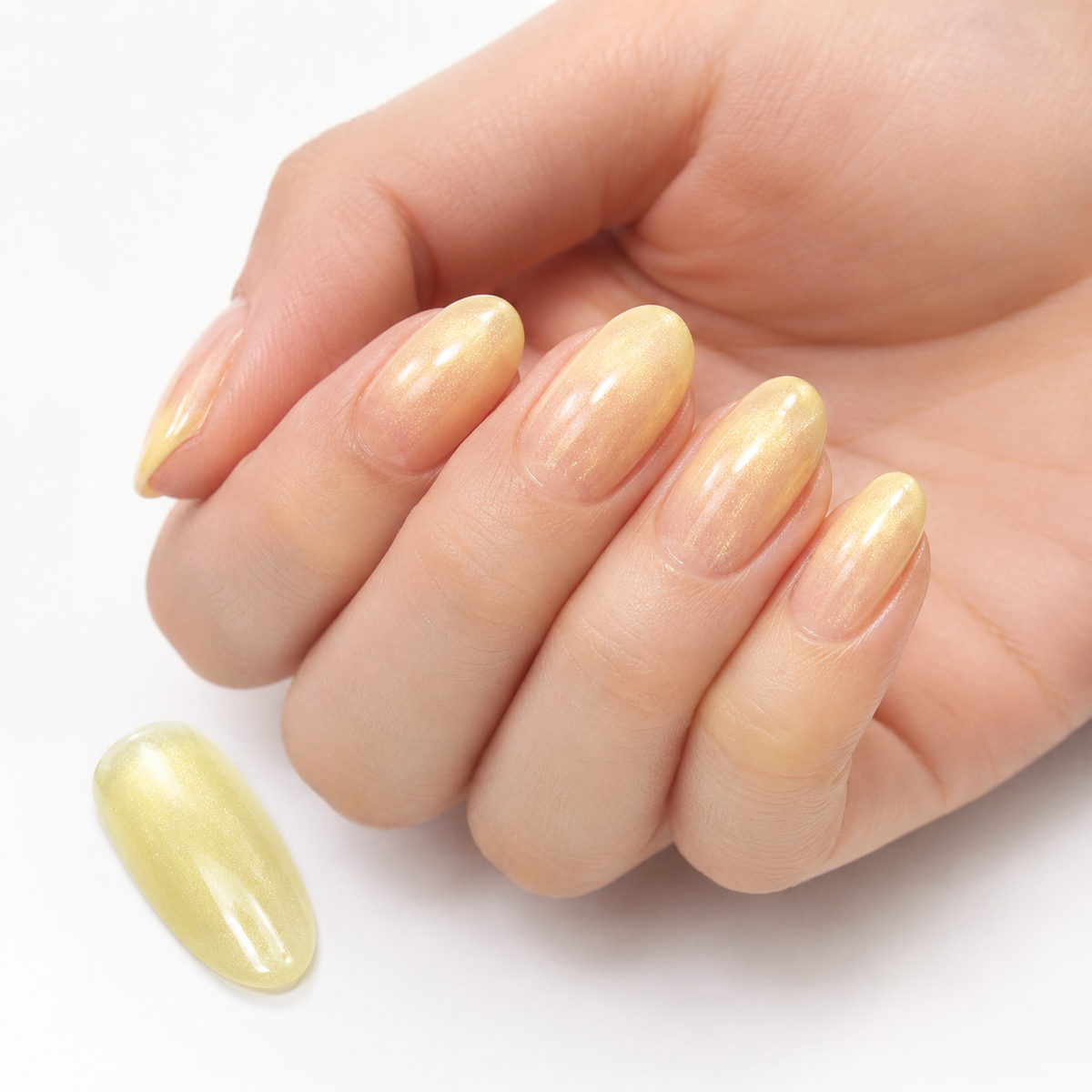 ACOS Gel089 sheer transparent-yellow shimmer manicure with matching swatch detail