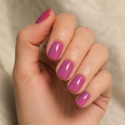 Finished glossy manicure in ACOS Violet Pink 009 gel polish