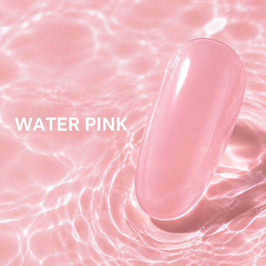 Glossy translucent Water Pink gel polish swatch with WATER PINK shade label