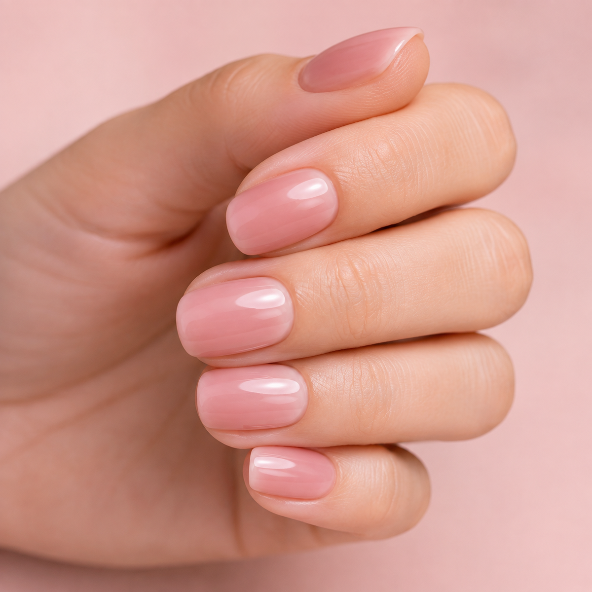 Finished short rounded manicure in glossy translucent Water Pink gel polish