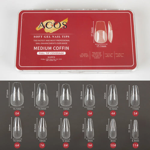 ACOS Soft Gel Nail Tips (Full Tip Coverage) -Medium Coffin (312pcs/box) - MV hair and beauty
